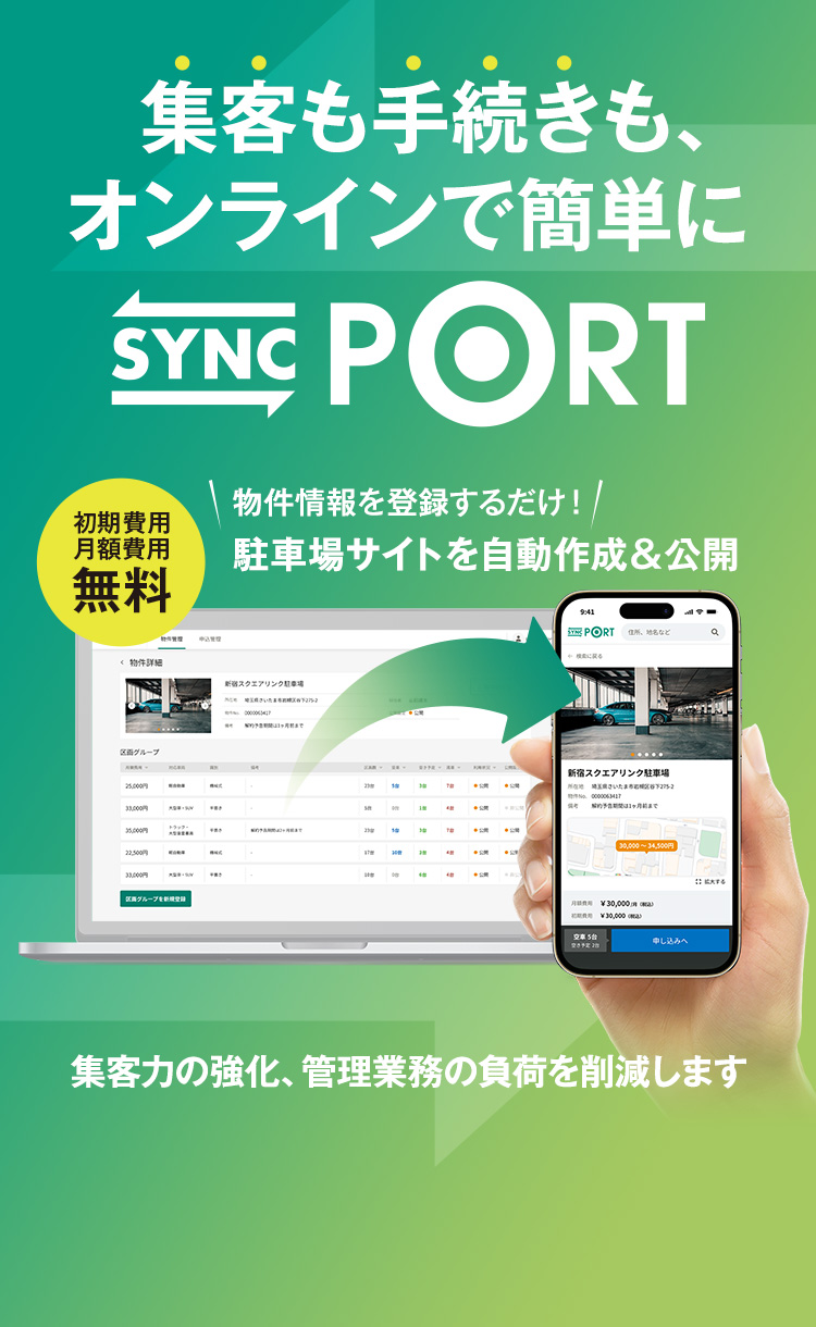 集客も手続きも、オンラインで簡単に SYNC PORT（シンクポート） 物件を登録するだけで、駐車場サイトを自動作成＆公開。集客力の強化、管理業務の負荷を削減します。